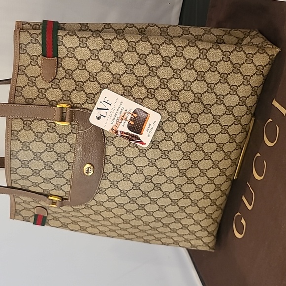 GUCCI ACCESSORIES VINTAGE 70'S WEB SHERRY COATED CANVAS TOTE BAG W SERIAL# - Picture 5 of 17